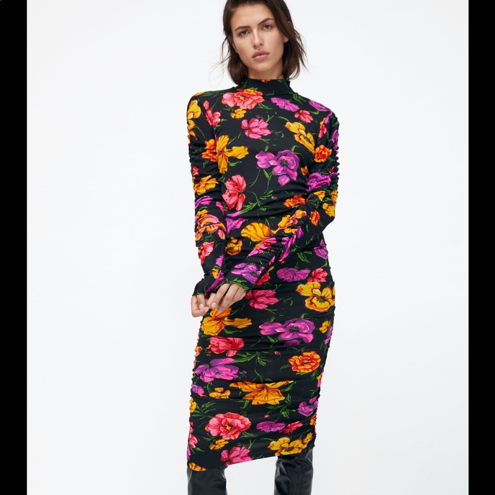 Zara Gathered Printed Dress